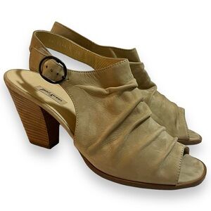 PAUL GREEN Ruched Peep Toe Sling Back Heels Sandal Tan Leather Size 9.5 US